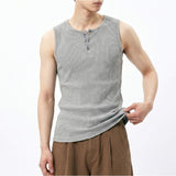Ribbed Henley-Neck Sleeveless Top Gray