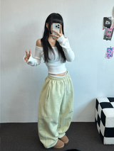 フリース/ストリング❤ベーシックルーズワイドロングパンツ 💜💙💚🤍4カラー