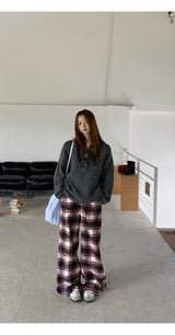 Cotton Check Casual Wide Pants