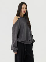 カットアウトホルターネックスウェットロングTシャツ, チャコール