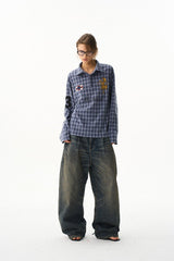 Plaid Badge Long Sleeve Polo