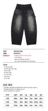 Curved Double Knee Denim Pants - Black
