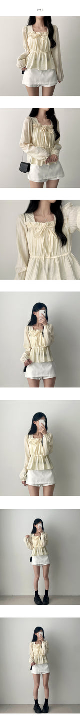 Lynx Ribbon Square Neck Shirring Blouse