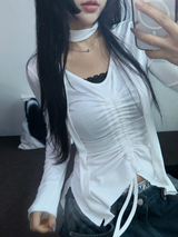 SCARF SET🧸SHRING RUFFLE SLICK POINT SLIM LONG SLEEVE T SHIRT 🧸🤍🖤🩶3COLOR