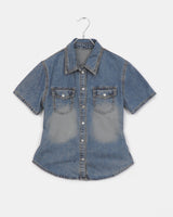 Curb side button pocket washed denim shirt