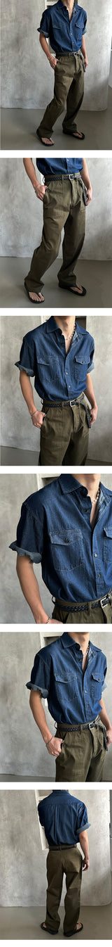[S/S] Two pocket denim half shirts (3color)