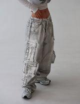 [UNISEX] シルバーカーゴバックバンドデニムワイドパンツ
