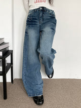 Rivet eyelet punching washed wide denim pants (Denim)