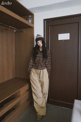 wool cotton shirring checkered long-sleeved shirt