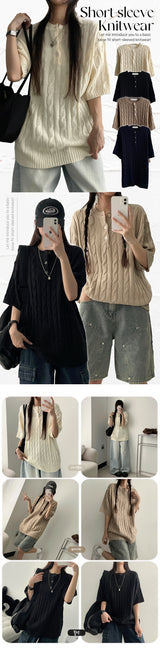Lomon Cable Henry Neck Twisted Short Sleeve Knitwear