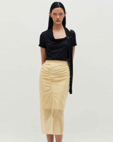 Sheer Shirring Slit Skirt _ BROWN