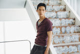 High ribbed henley neck half sleeves(Burgundy)