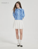 Double ribbon lace banding flare skirt white