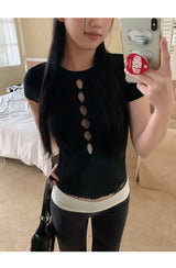 Hollow slit slim ribbed short sleeve tee
