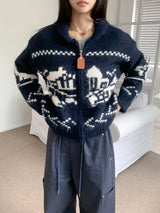 Winter Village House Pattern Knit Zip-Up Cardigan (2 colors)