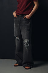 Washed damage wide flare denim pants(Black)