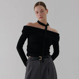 ネックリボンシャーリングオフショルダーTシャツ BLACK