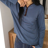 Renber Stripe Half-Button Coloring Hooded T-Shirt