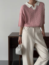 ASCLO Twist Open Collar Short Sleeve Knit (3color)