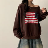Ture unbalanced off-shoulder American flag sweatshirt
