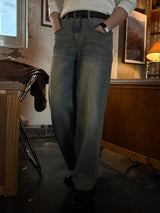 Slub tin curved demin pants