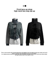 フロントレースアップストラップフリースハイネック2wayジップアップ (2 colors)