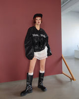 [UNISEX] leather glossy lettering oversized fit sweatshirt