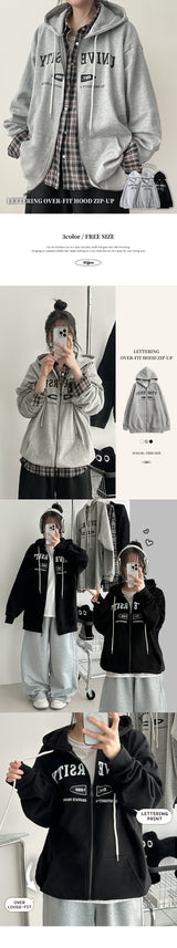 Ronnie Lettering Over Loose Fit Hooded Zip-Up