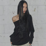 DIVINE CROSS OFF-SHOULDER TEE (BLACK) F25ZB036