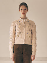 HAND FLOWER POMPOM CARDIGAN IVORY