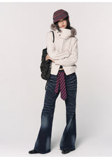 CONFUN Design sense three-dimensional cat whiskers, aged washed flared jeans style