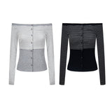Off-Shoulder Button-Up Stripe Knit 232514000