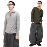 ベーシックヘンリーネックフード付き長袖Tシャツ