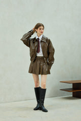 MOLLY LEATHER PLEATS SKIRT PANTS / BROWN
