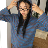 Renber Stripe Half-Button Coloring Hooded T-Shirt