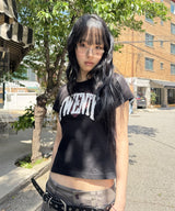 Untitled Crack Heart Applique Crop Short Sleeve Black