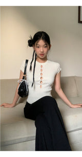 Hollow slit slim ribbed short sleeve tee
