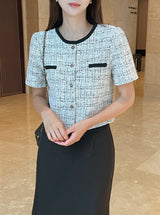 Vezn Color Matching Tweed Short Sleeve Jacket