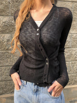 Brun Two-Button See-through Ribbed Knit Cardigan
