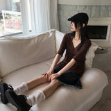 Pamil Vintage V-neck Button Pleated 3/4 Short Sleeve T-Shirt