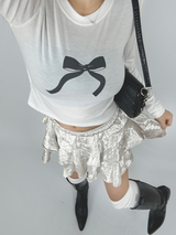 BASIC BOW-DETAIL SEMI-CROPPED STRETCH ROUND U-NECK LONG-SLEEVE TEE