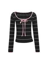 Pink strap striped striped long-sleeved t-shirt
