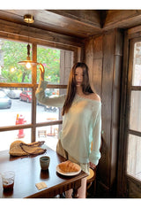 Mint off-shoulder lace long-sleeved see-through knitwear