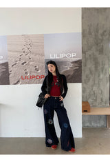 Stamp dark blue straight denim pants