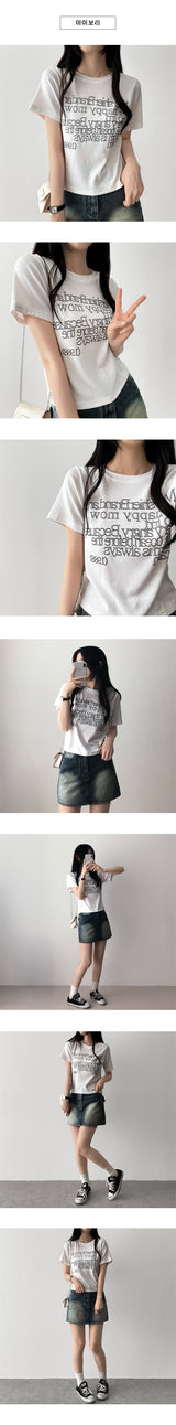 アートスパンデックスレタリングショートスリーブTシャツ
