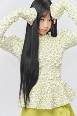 Flower Pattern Crease Ruffle Blouse Yellow