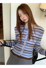 Blue stripe frill long-sleeved cardigan