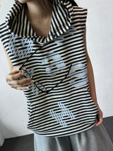 Swan Stripe Letter Patch Hooded Sleeveless Top 3color