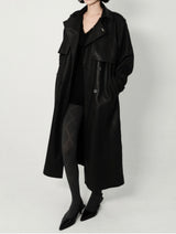 Leather Padded Trentch Coat - Solid Black