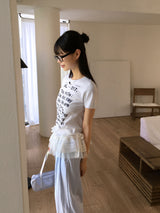 Comti lettering printing semi-cropped short-sleeved T-shirt